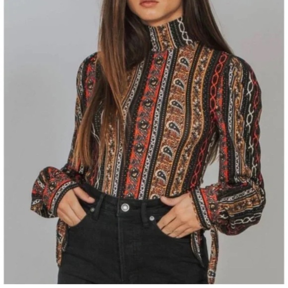 Free People Tops - Free People Donnatella Retro Printed Mock Turtleneck Tie Sleeves Size Small